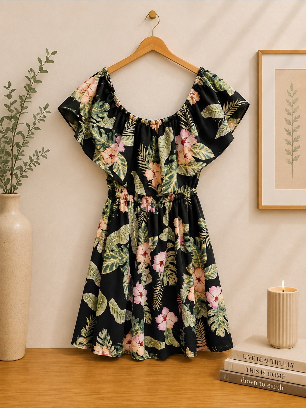 Girls Black Tropical Floral Off-Shoulder Dress